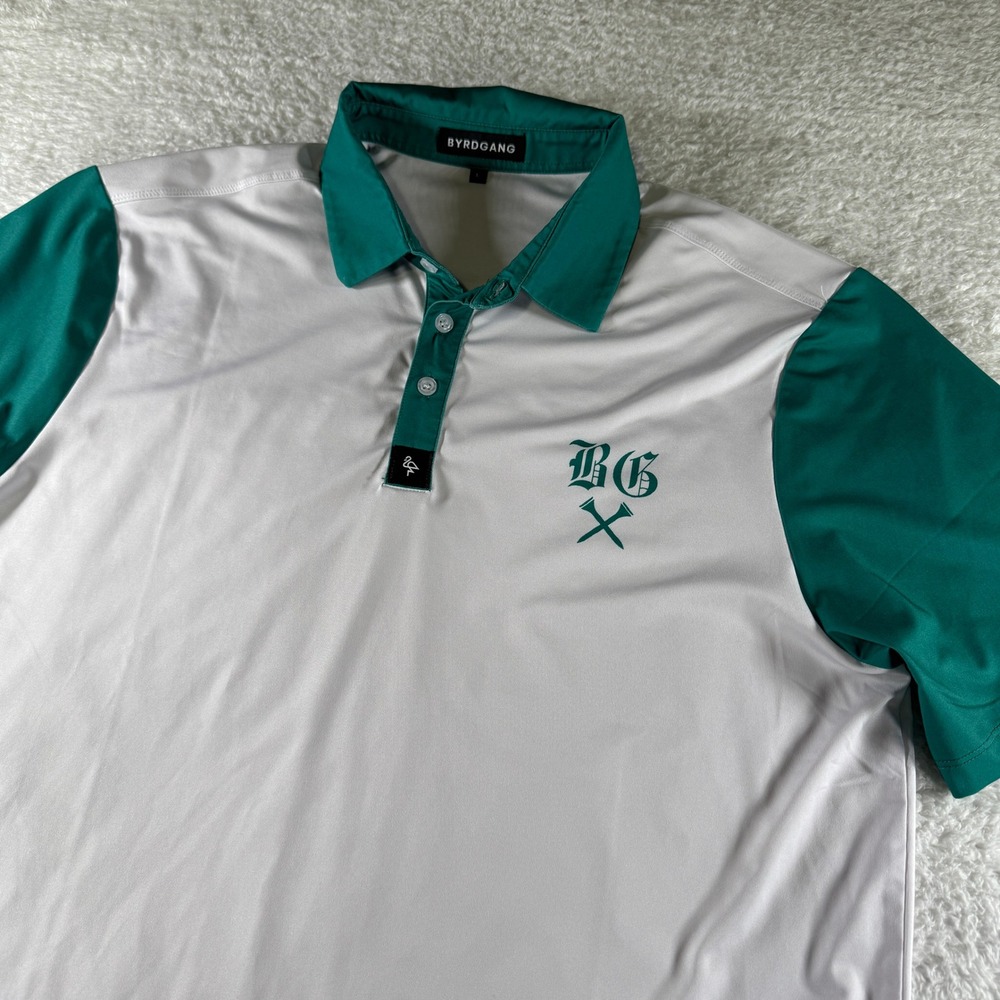 Byrd Gang Polo Shirt Mens Large White Green Solid Print Golf‎ OG Logo Stretch